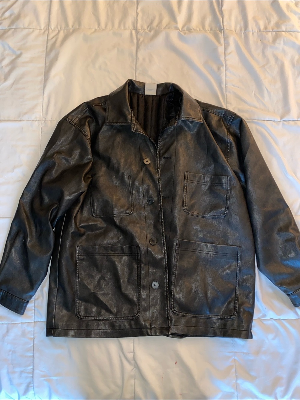 Oversized Black Leather Button Jacket